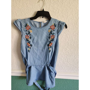 Embroidered Ruffle Blue Denim Womens Blouse‎ - Size Small